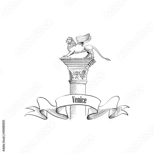 Venice citiy symbol San Marco on statue. Italian landmark sketch label isolated. Travel Italy