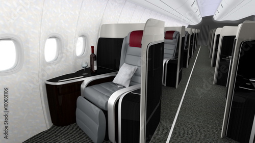 3D animation of luxurious business class cabin interior