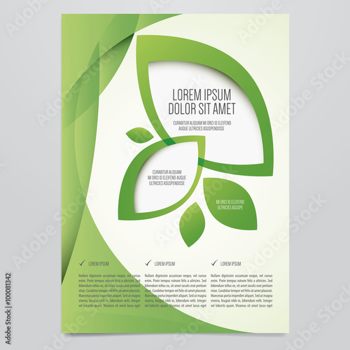 Vector Eco flyer, poster, brochure, magazine cover template. Modern green leaf, environment design.