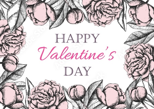 Happy Valentines Day card with hand drawn botanical peony illust