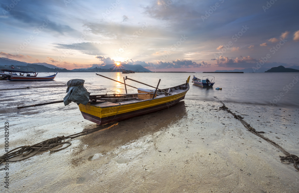 Fisherman boats at Black Sand Beach Village in Langkawi, Malaysi