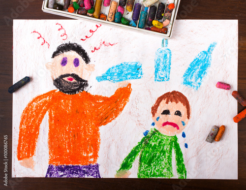 Colorful drawing: father drinking alcohol and crying child