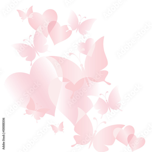 Beautiful gentle background with pink butterflies and hearts