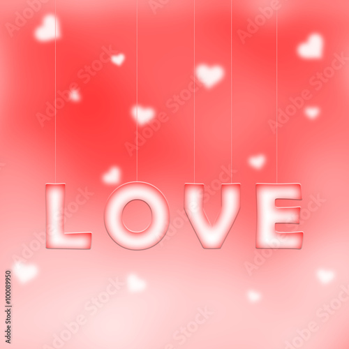 Lovely white red love word letters hang on thin ropes on blurred red bokeh background with blurred hearts. Conceptual valentine day copy space illustration.