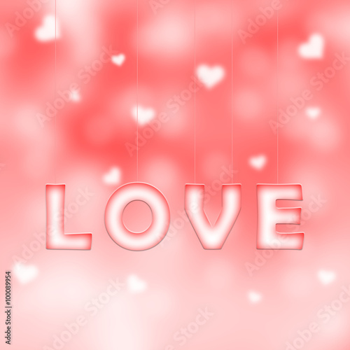 Lovely white red love word letters hang on thin ropes on bright blurred red bokeh background with blurred hearts. Conceptual valentine day copy space illustration.