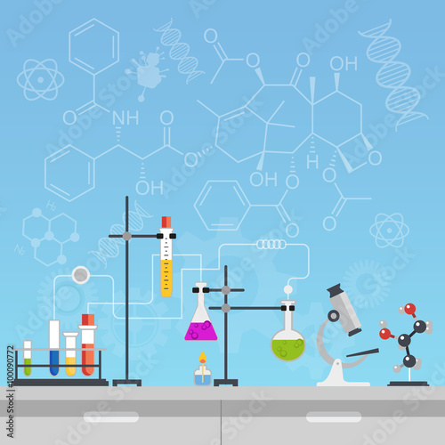 Chemical laboratory science and technology flat style design vector illustration. Workplace tools concept with formulas.
