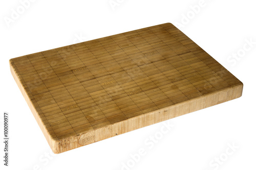 Old bamboo cutting board isolated on white background