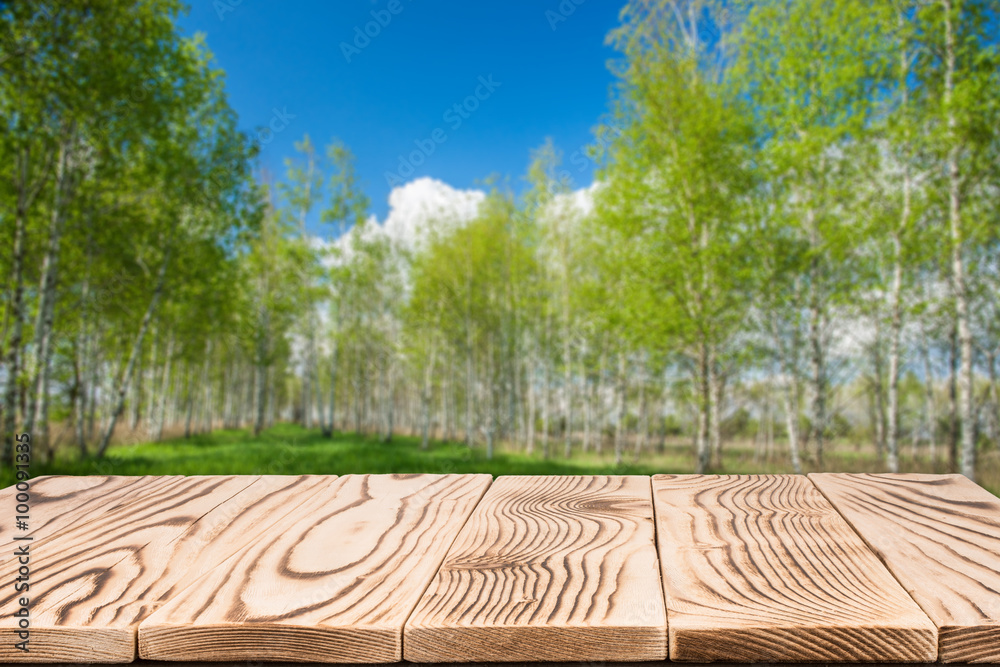 Empty wooden table with landscape background Empty wooden table with landscape background