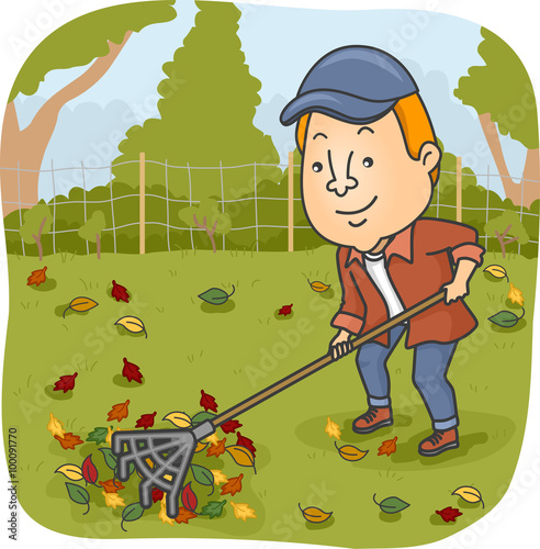 Man Raking Leaves Garden