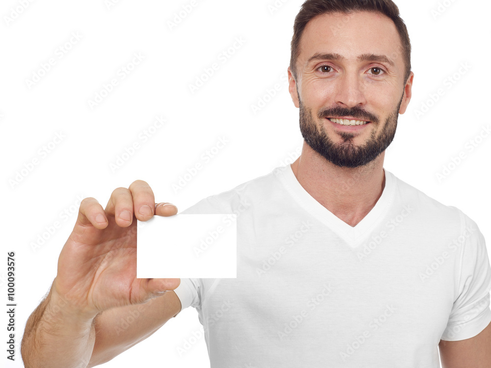 Cheerful man with business card Cheerful man with business card