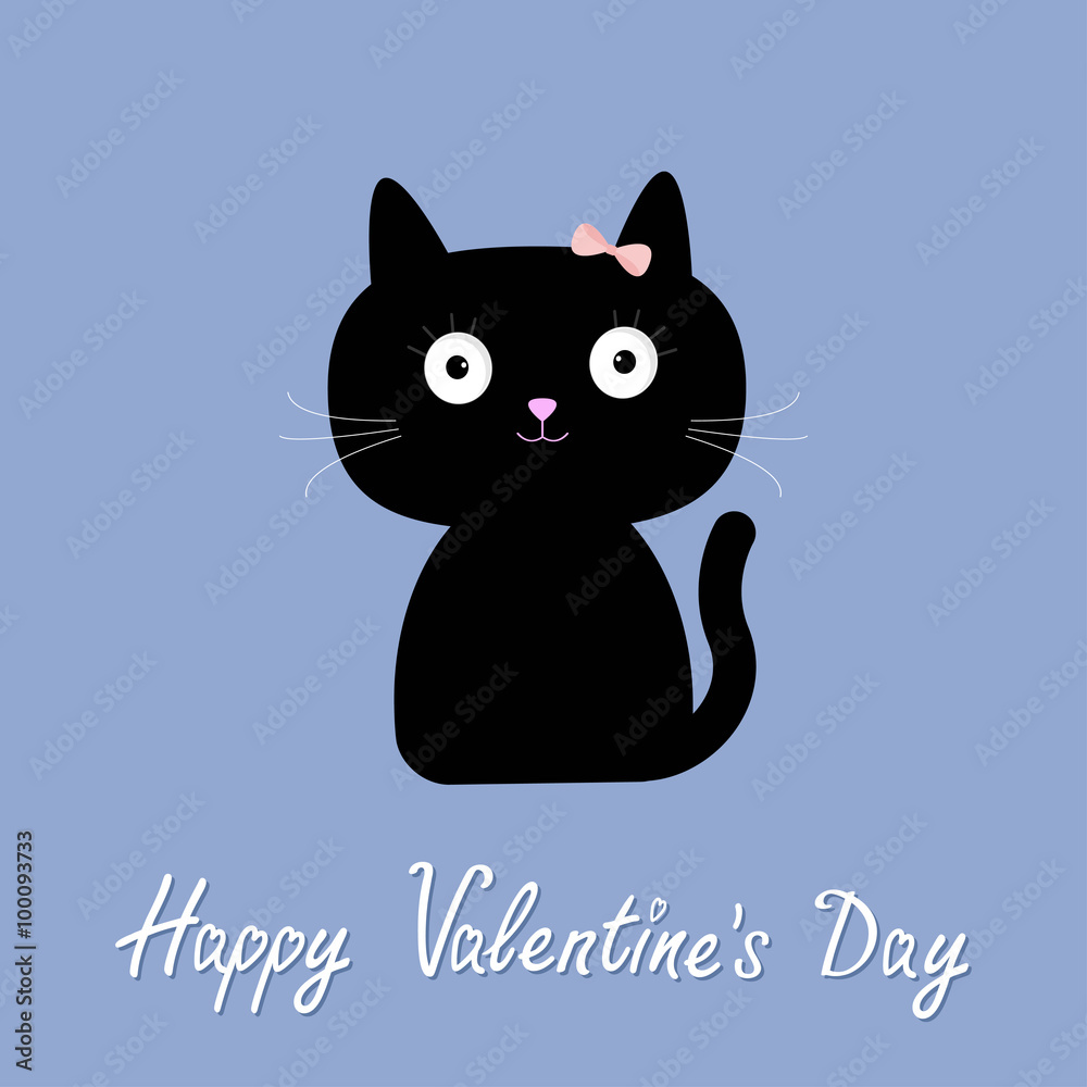 Cute cartoon cat girl with bow. Flat design style. Happy Valentines day card. Rose quartz serenity color background