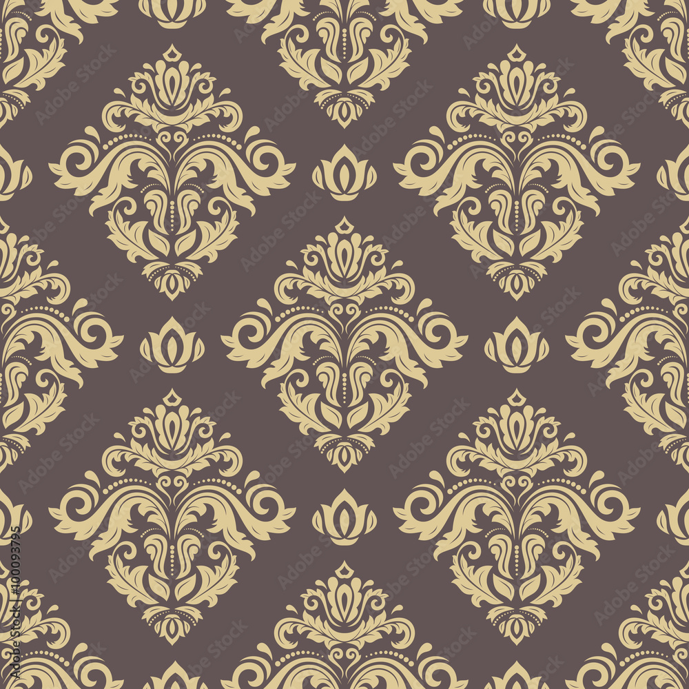 Damask seamless ornament. Traditional pattern. Classic oriental brown and golden background Damask seamless ornament. Traditional pattern. Classic oriental brown and golden background