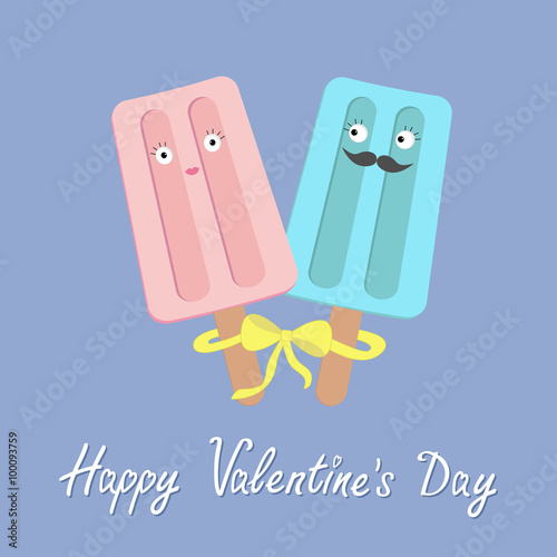 Funny ice cream couple with lips, mustaches and eyes. Bow on sticks. Happy Valentines Day. Love card. Rose quartz serenity color