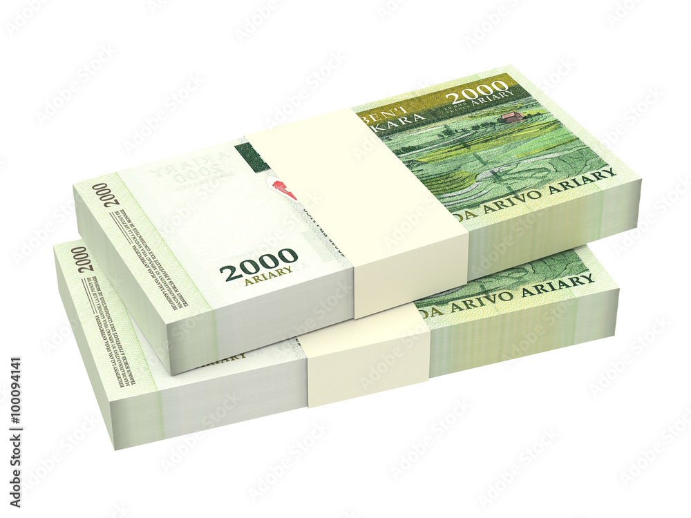 Malagasy ariary bills isolated on white background. Computer generated 3D photo rendering. Malagasy ariary bills isolated on white background. Computer generated 3D photo rendering.