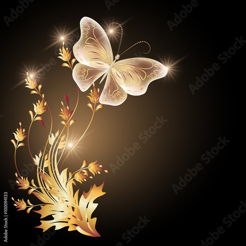 Fototapeta Transparent flying butterfly with golden ornament