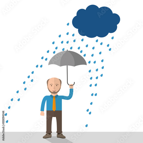 Cartoon Old Businessman Rain Umbrella