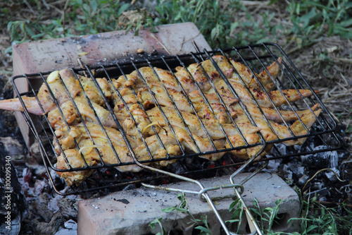 Marinaded wings on a lattice for a barbecue over a brazier photo