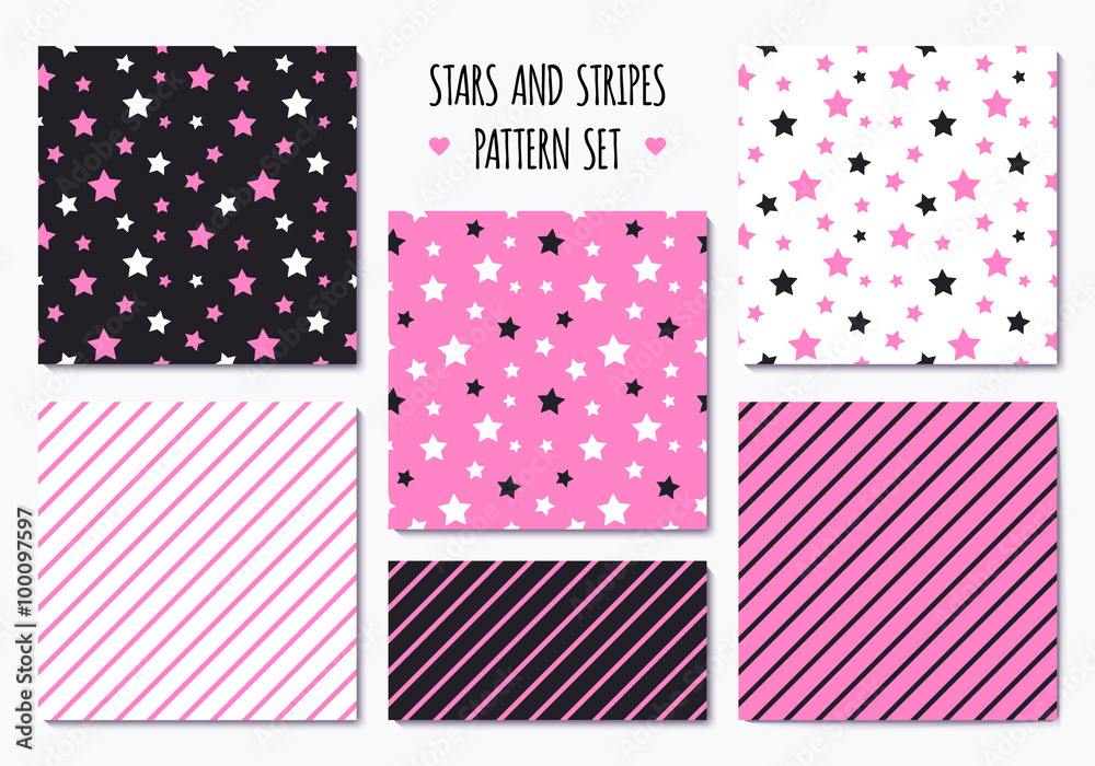 Set of pink patterns with stripes and stars
