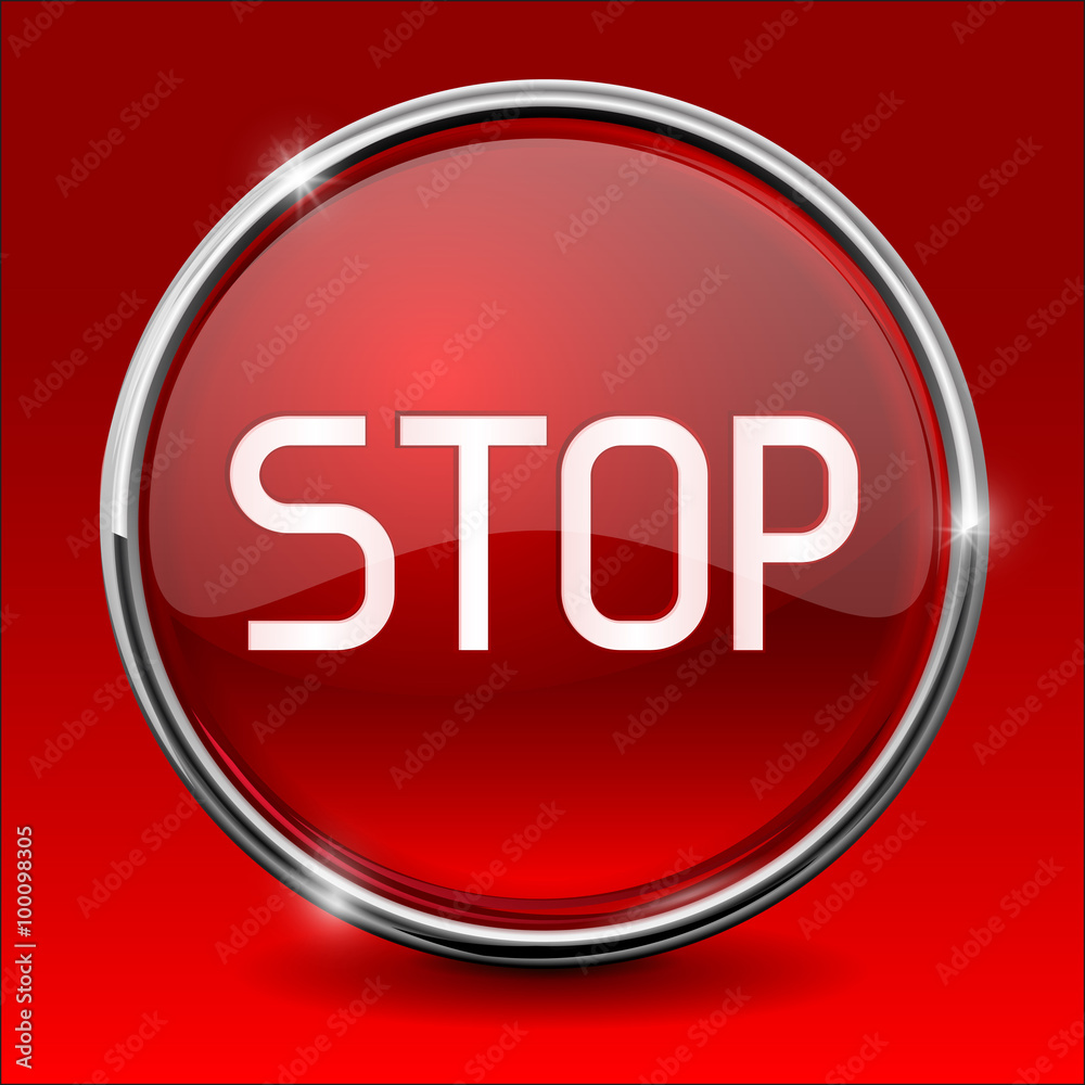 Glass shiny button. Chrome frame. Red icon STOP Glass shiny button. Chrome frame. Red icon STOP