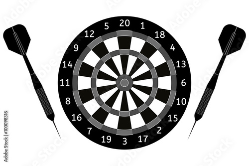 Darts board and darts arrows. Black icon.