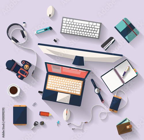 Flat design - place of work - Top view of desk that have one laptop and many others objects (documents,smart-phone, tablet, ruler, headphone, watch...). the image represent a place of work.