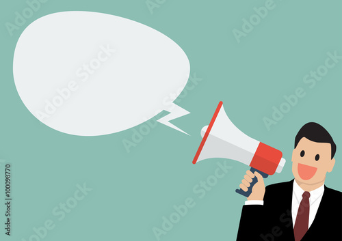 Businessman holding a megaphone with bubble word