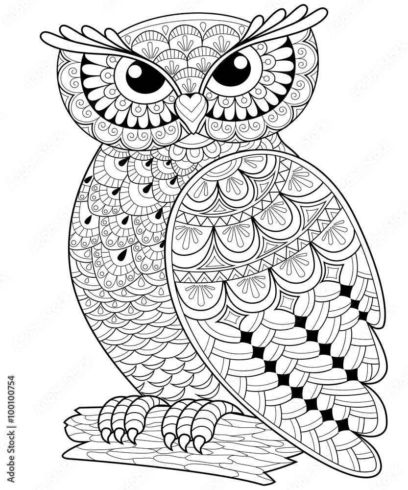 Naklejka premium Decorative owl. Adult anti-stress coloring page. Black and white hand drawn illustration for coloring book