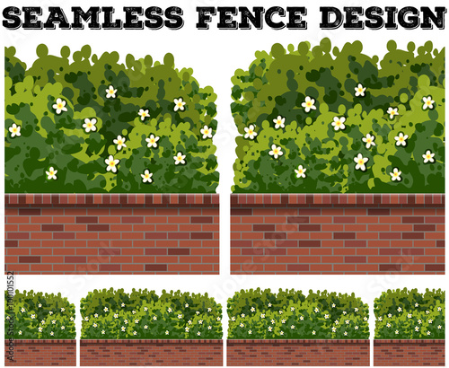 Seamless fence design with bush and flowers