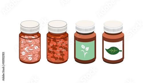 Vector image of four tablet bottles, two with different shaped pills, two with labels with leaves