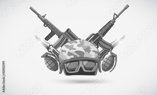 War theme with helmet and weapons