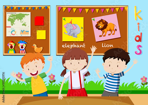 Three children learning in classroom