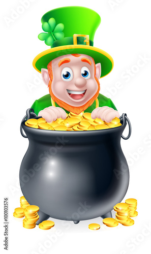 Cartoon Leprechaun and Pot of Gold