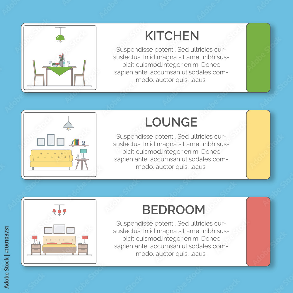 Infographic Elements of interior design. Kitchen, lounge, bedroom in different colors.