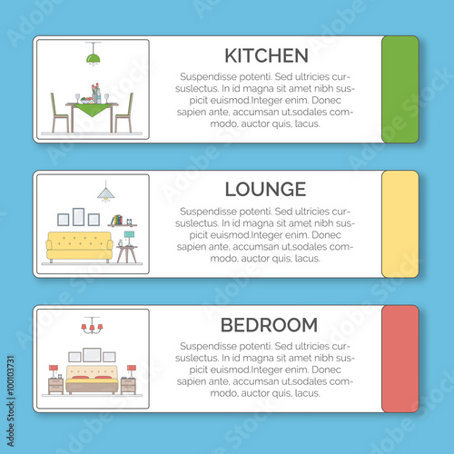Infographic Elements of interior design. Kitchen  lounge  bedroom in different colors.