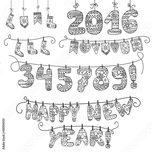 New year garland.Knitted numbers,socks,letters.2016.Linear