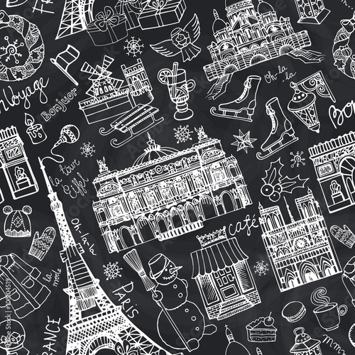 Paris winter,Doodle landmarks seamless pattern.Chalk