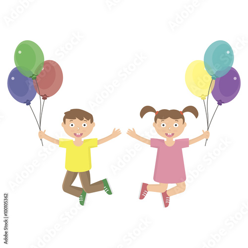 Happy kids jumping with ballons. Boy and girl.