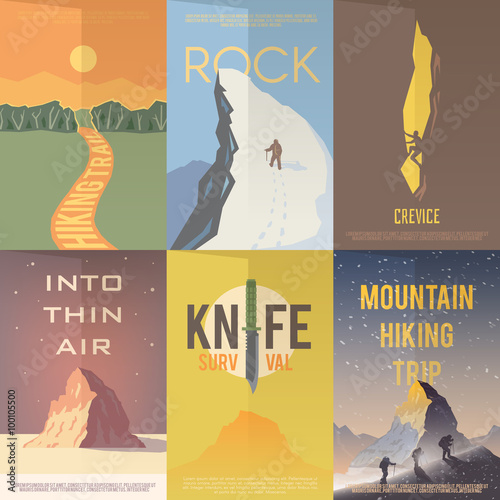 Flat vector advertising posters. Climbing, Hiking.