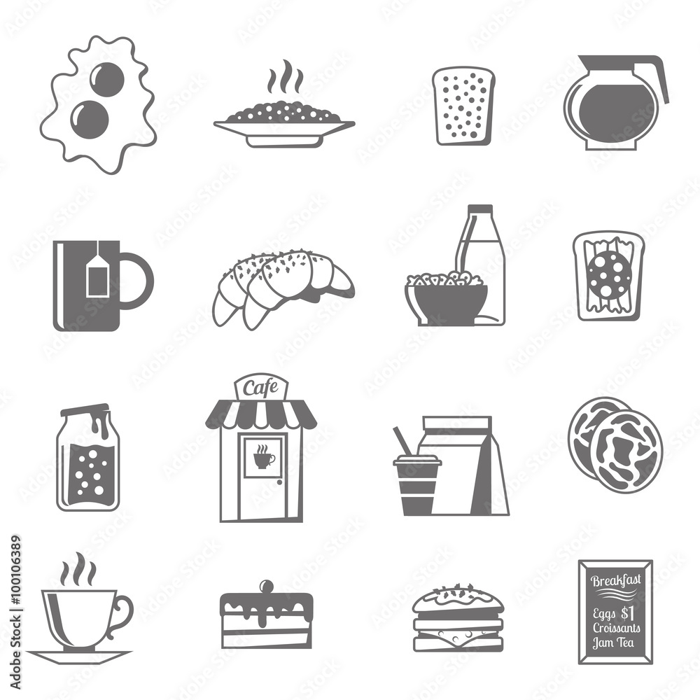 Breakfast Black White Icons Set Breakfast Black White Icons Set