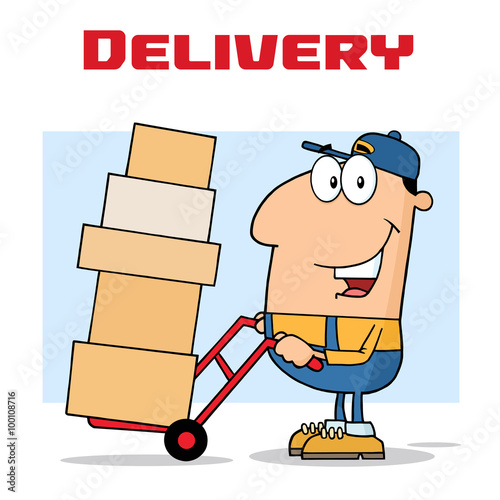 Delivery Man Cartoon Character Using A Dolly To Move Boxes