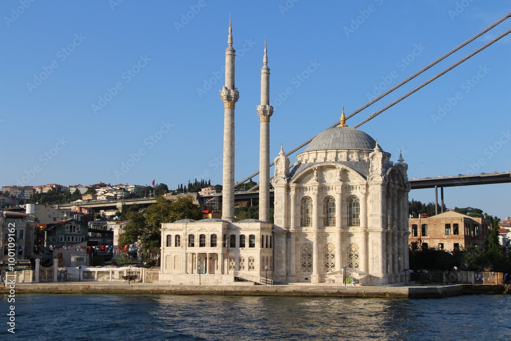 Ortakoy Mosque and Bosphorus Bridge in Istanbul Turkey