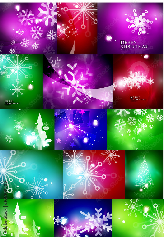 Set of shiny color Christmas backgrounds with white snowflakes and trees
