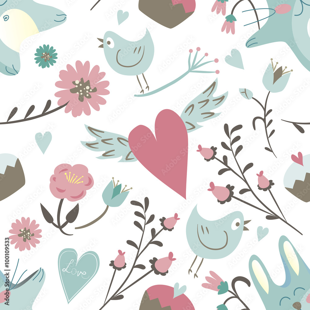 Seamless Valentine background. Tile love pattern. Sweet wrapping paper texture with hearts, flowers, cakes and bunny.