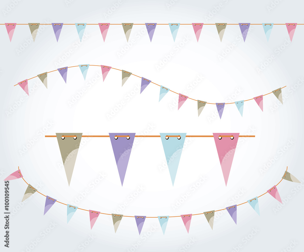 Illustrated flag garland set. Triangle flags on the rope. Pastel party  decoration.Birthday design decoration Stock Illustration