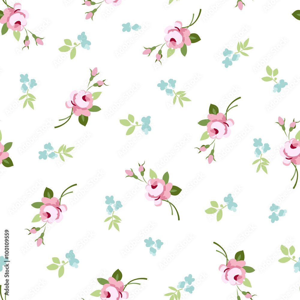 Seamless floral pattern with little flowers pink roses