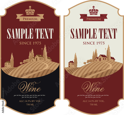 wine labels set with a landscape of vineyards