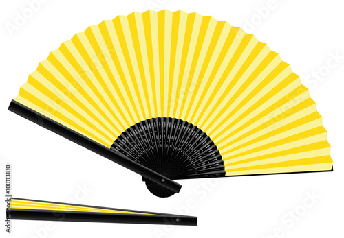 Yellow hand fan - open and closed - three-dimensional - realistic. Isolated vector illustration on white background.