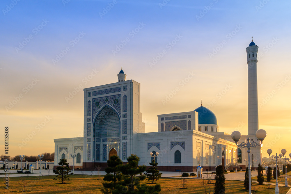 Big white mosque Minor in Tashkent at sunset, Uzbekistan