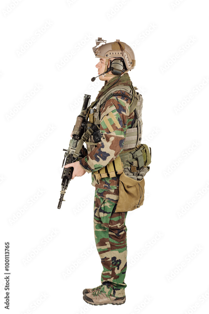 Ranger standing in woodland camouflage and modern machine gun. I Ranger standing in woodland camouflage and modern machine gun. I