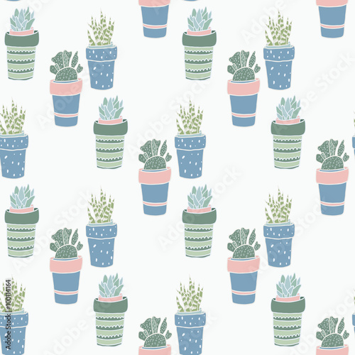 Cute hand drawn succulent in pots. Seamless vector pattern.